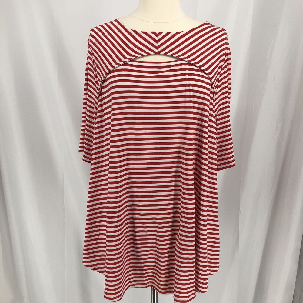 Chicos Red White Striped 3/4 Sleeve Key Hole Neck Top Size 3 (XL)